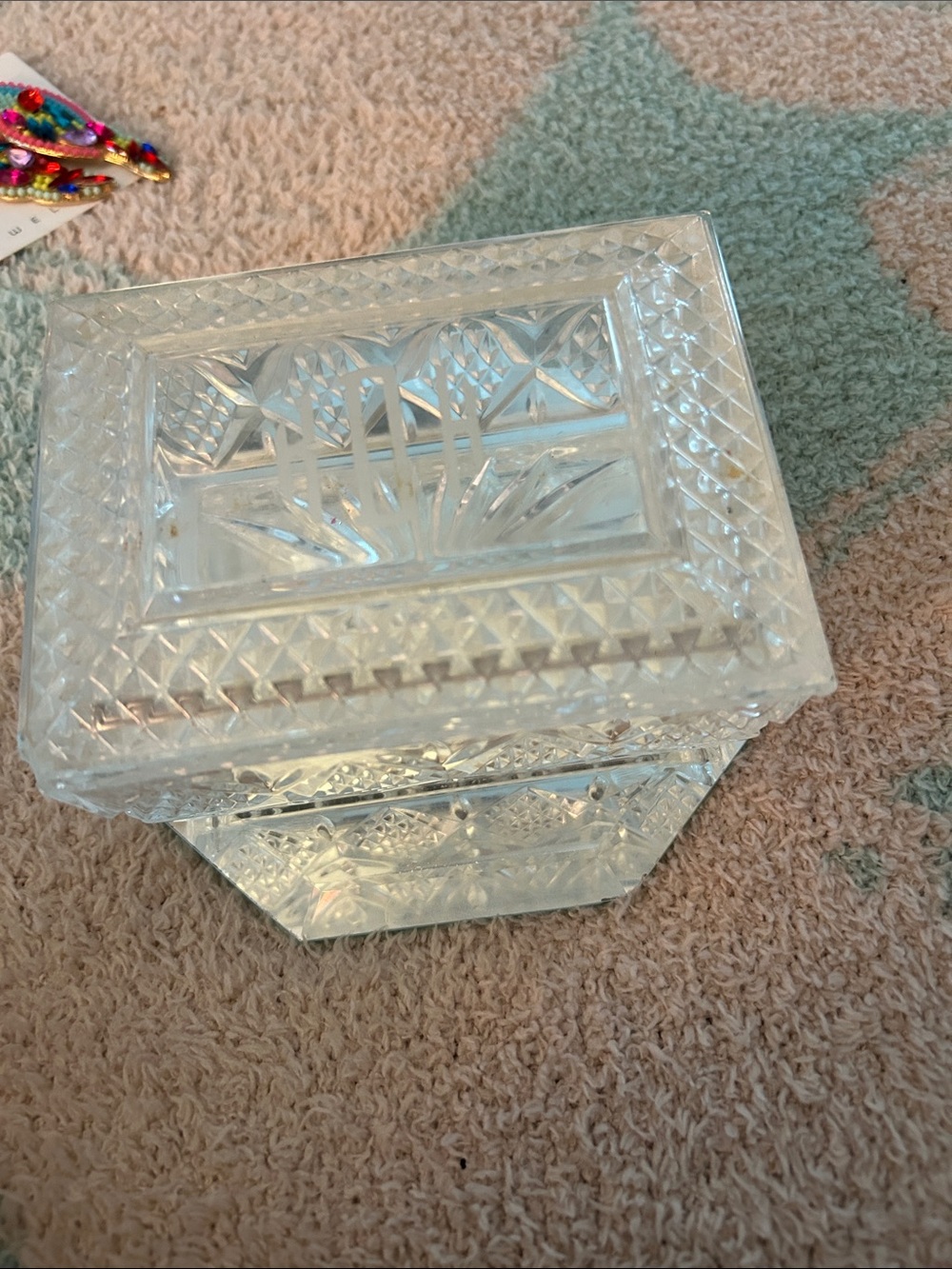 Pressed Glass Decorative Trinket Box - Clear Crystal Look Beautiful designs